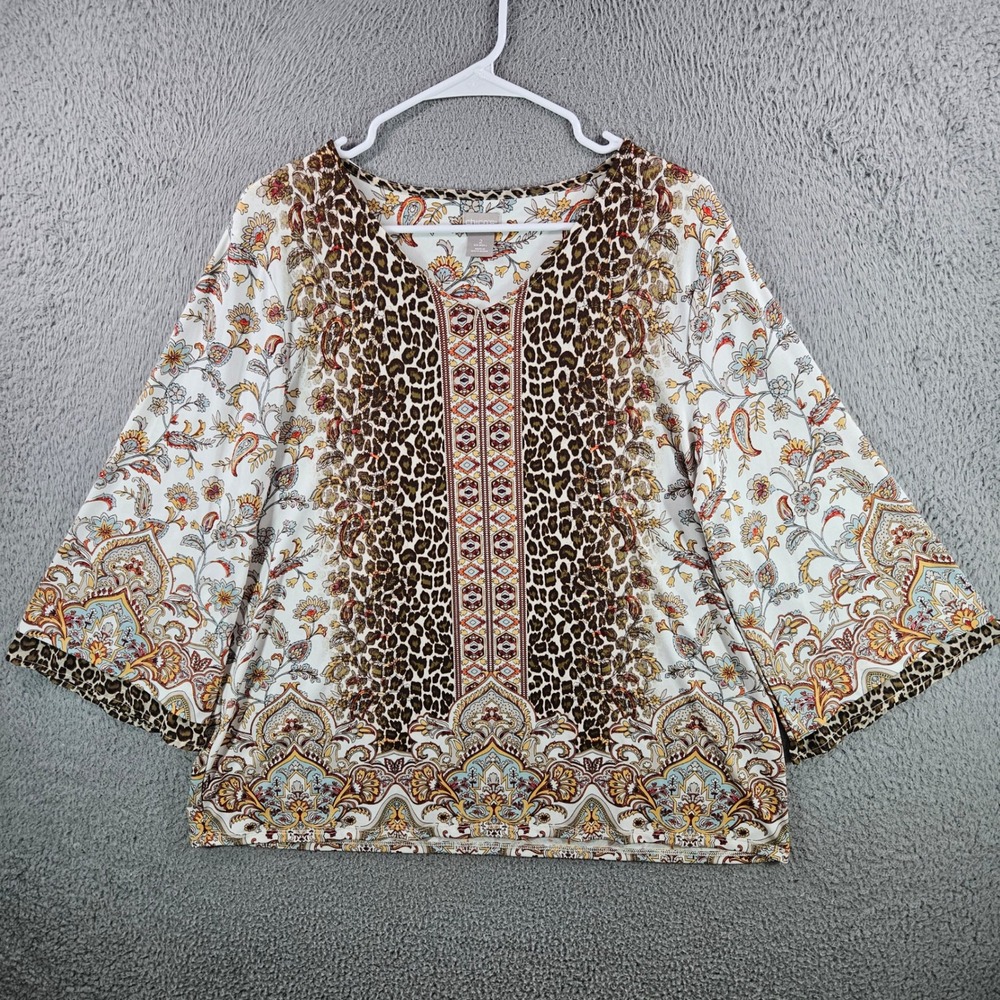Chico's Womens Size 2 Large Mixed Paisley Leopard Print Bell‎ Sleeve Knit Top